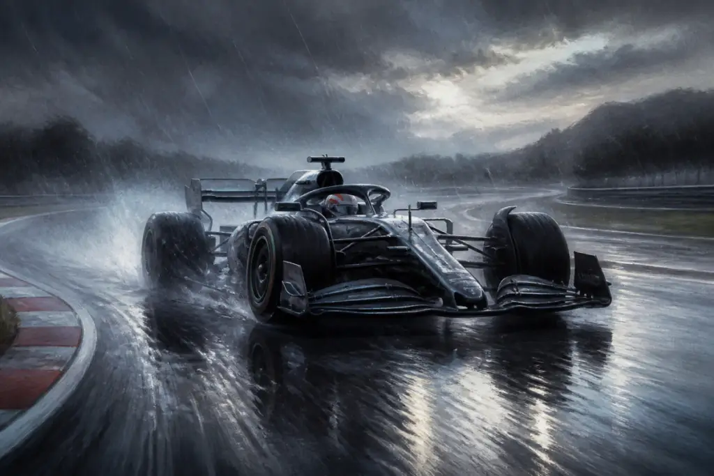 Illustrazione editoriale di una monoposto di Formula 1 sotto la pioggia, con pista bagnata e cielo cupo, senza testo e senza elementi documentaristici.