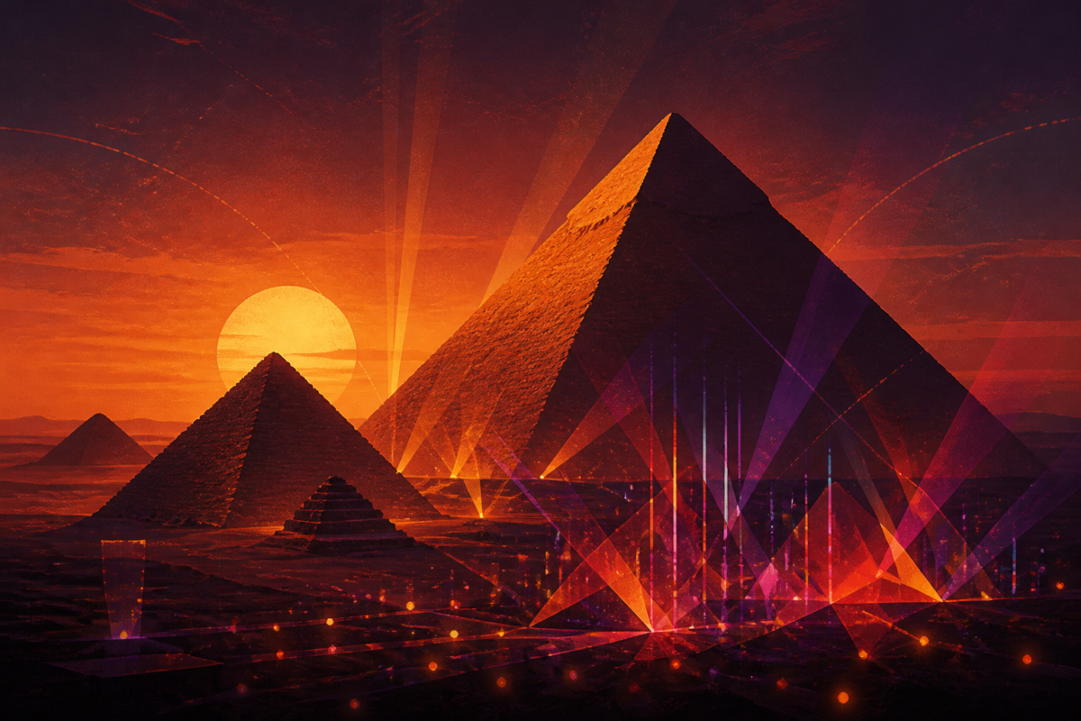 Illustrazione editoriale delle Piramidi di Giza con luci scenografiche e atmosfera da evento musicale, senza persone identificabili né testo